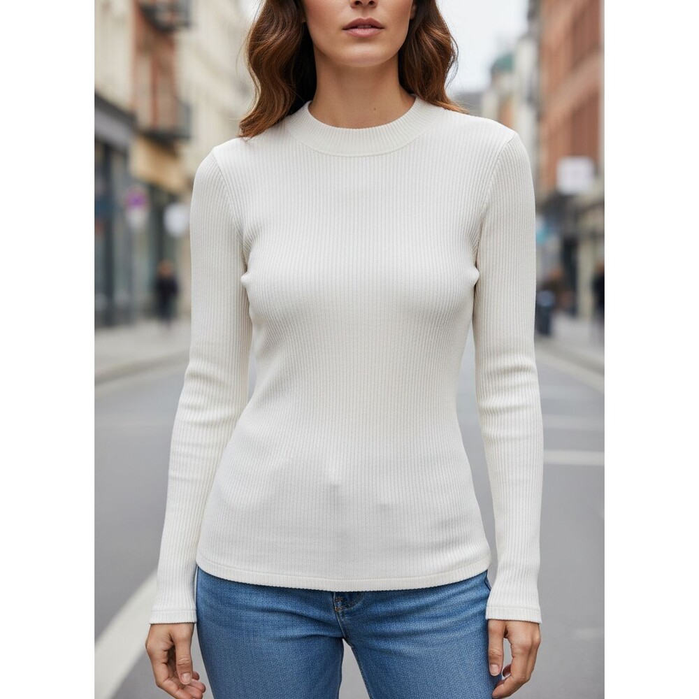 Women's M White Ribbed Crew Neck Long Sleeve Fitted Knit Sweater Top